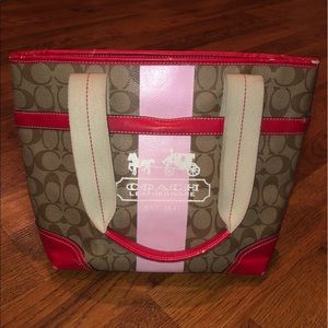 Coach Leather Shoulder Bag Brown with Red & Pink